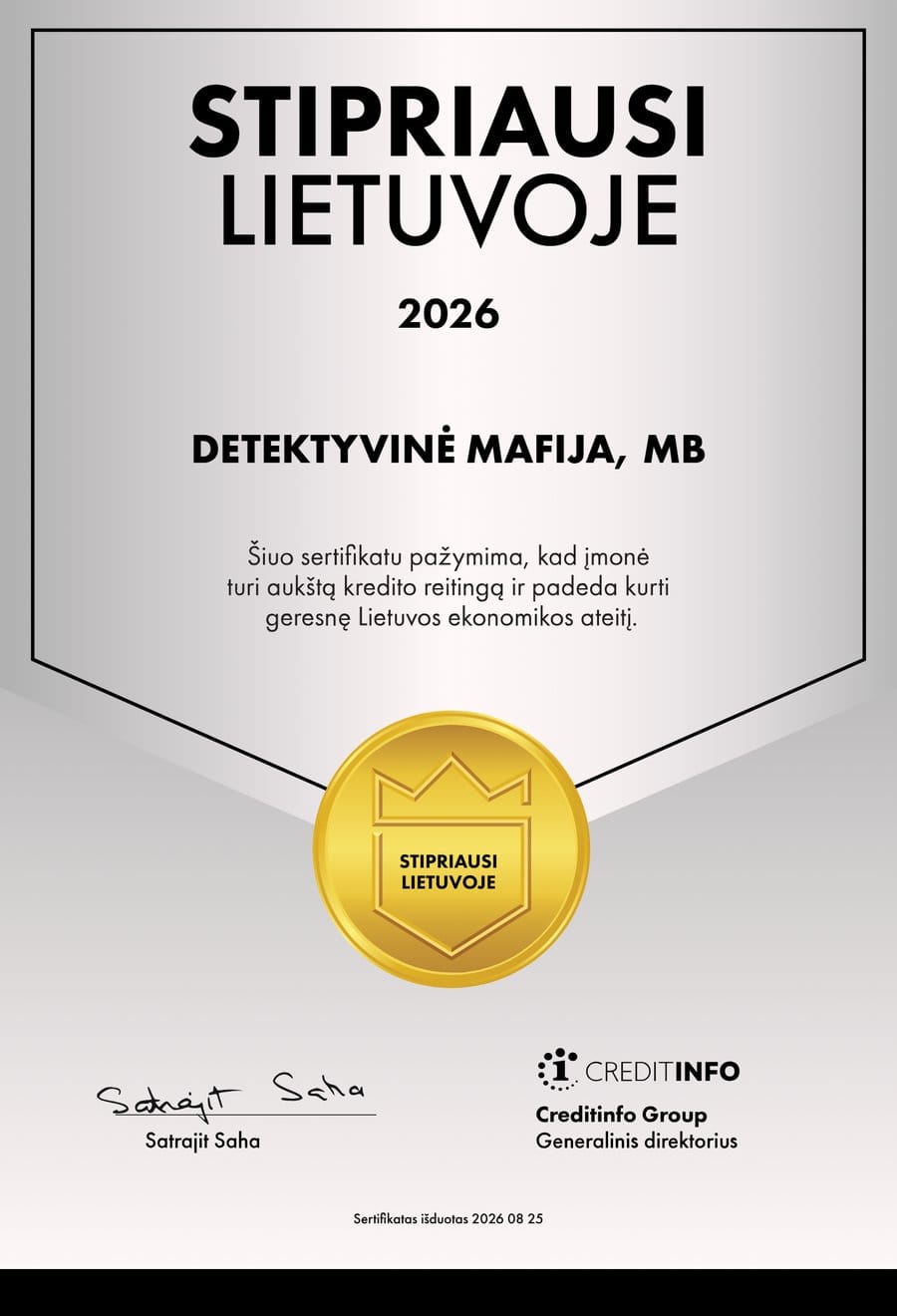 Creditinfo sertifikatas Stipriausi Lietuvoje 2026 – Detektyvinė mafija, MB